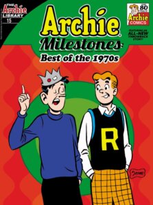 Jughead Jones, a brunet white teenager in a baggy purple sweater, black pants and and a grey fool's cap with red and white jewels on it, lectures his pal Archie andrews, a thin white redheaded teenager. Archie is wearing a black sweater vest with a yellow R on it and checked yellow pants. Jughead's eyes are closed and his right index finger is pointed skyward as Archie looks askance at him with amusement. They walk along in front of a red and green circular pattern background