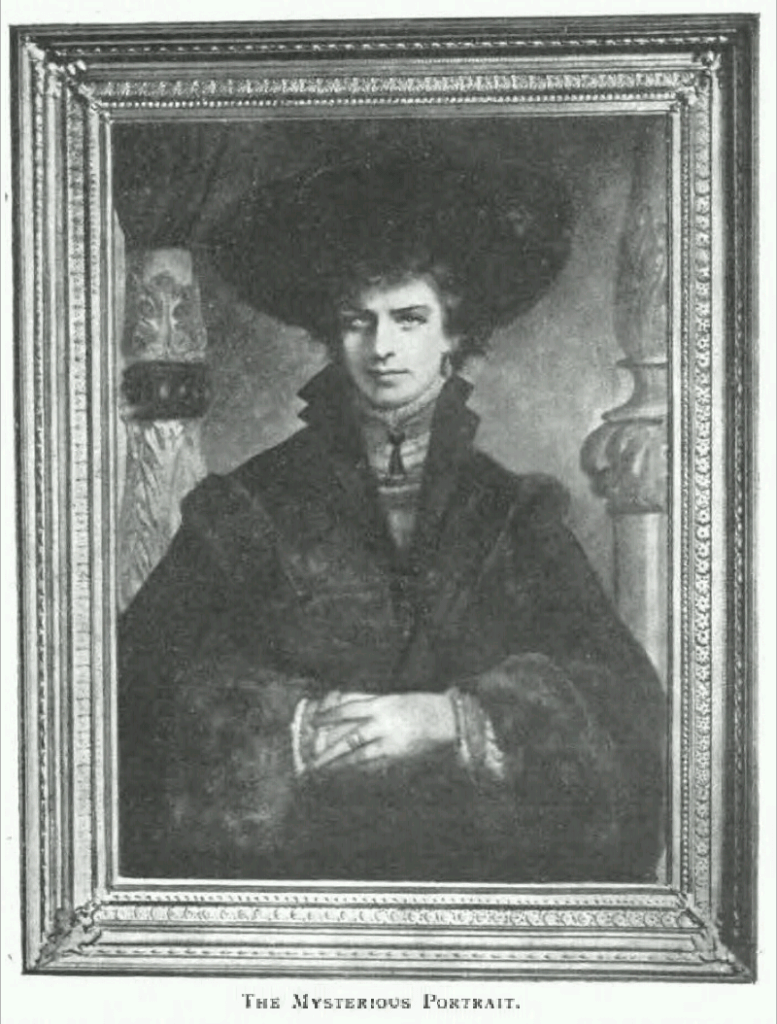 Scan from the September 1909 edition of The Occult Reiview showing a portrait by Hans Makart of a woman in dark clothes and the caption "The Mysterious Portrait"