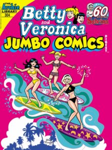 Veronica Lodge, a white thin brunette teenager, and her friend Betty cooper, a white thin blonde teenager, are floating aloft in aqua, white and green wavelike curls thanks to the influence of their white, white haired teenage friend sabrina spellman. Veronica wears a yellow bikini with her hair loose, Betty wears a purple bikini with her hair in pigtails, and Sabrina wears a black bikini with her white hair bobbed. Sabrina's board is purple with yellow stars on it, veronica's sports a green and yellow design, and betty has a pink and aqua design. Against a magenta backdrop, the girls gleefully float