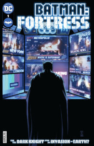 Batman looking at screens of catastrophe across the globe