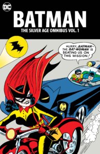 Batwoman riding a motorcycle pursued by Batman and Robin in the Batmobile