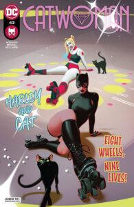 Catwoman and Harley Queen sitting at a roller rink with bright lights in the background