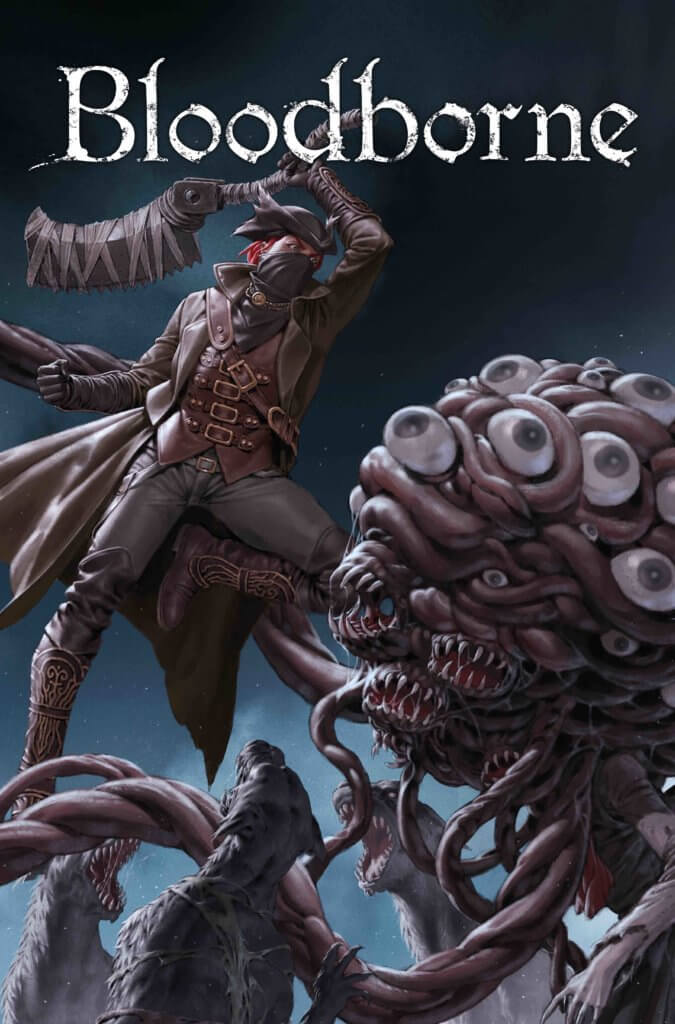 A masked white man stands over a tentacled creature with multiple eyes, ready to attack it. 