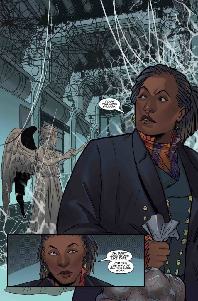 The Fugitive Doctor, a Black Woman, is walking through an abandoned spaceship, and looking over her shoulder where a Weeping Angel is behind her.
