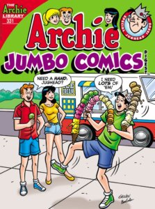 Jughead Jones, a dark-haired teenager, sports a green sleeveless teeshirt and blue jean shorts and green sneakers, as well as a grey fool's cap. He tries to balance three over-stacked, multi-colored cones of ice cream while red-headed thin white teenager archie andrews and thin brunette white teenager veronica lodge look on. Archie's wearing a red teeshirt and blue jeans and sneakers, and veronica wears a yellow tank top, shorts, and yellow shoes. They're on a city sidewalk, in front of a white ice cream van. Archie asks: Need a hand jug? And Jughead replies: lots of 'em!
