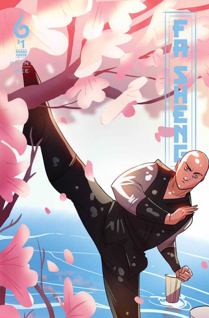 A bald Chinese monk kicks out against the branches of a cherry blossom treet