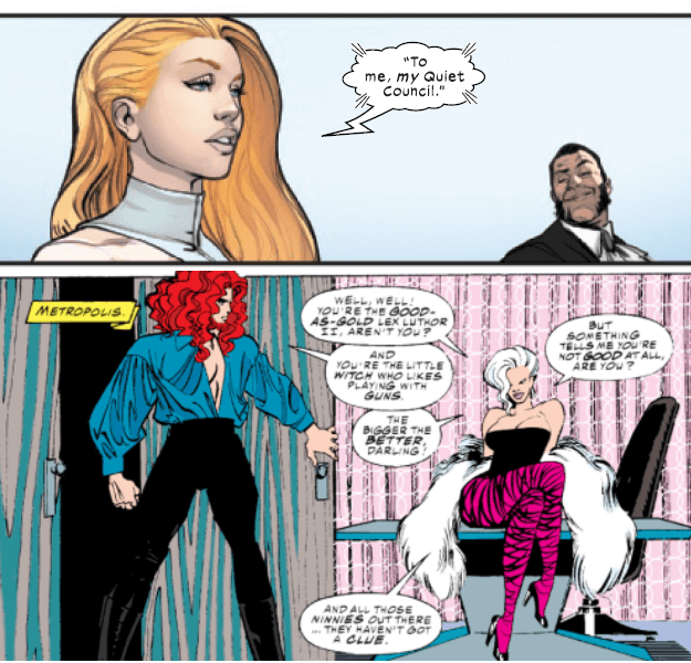 Two panels juxtaposed: top, Emma Frost in Immortal X-Men #2, art by Lucas Werneck and colors by David Curiel. Bottom, Lex Luthor and White Rabbit from Superman: Man of Steel #24, art by Jon Bogdanove and colors by Glenn Whitmore.