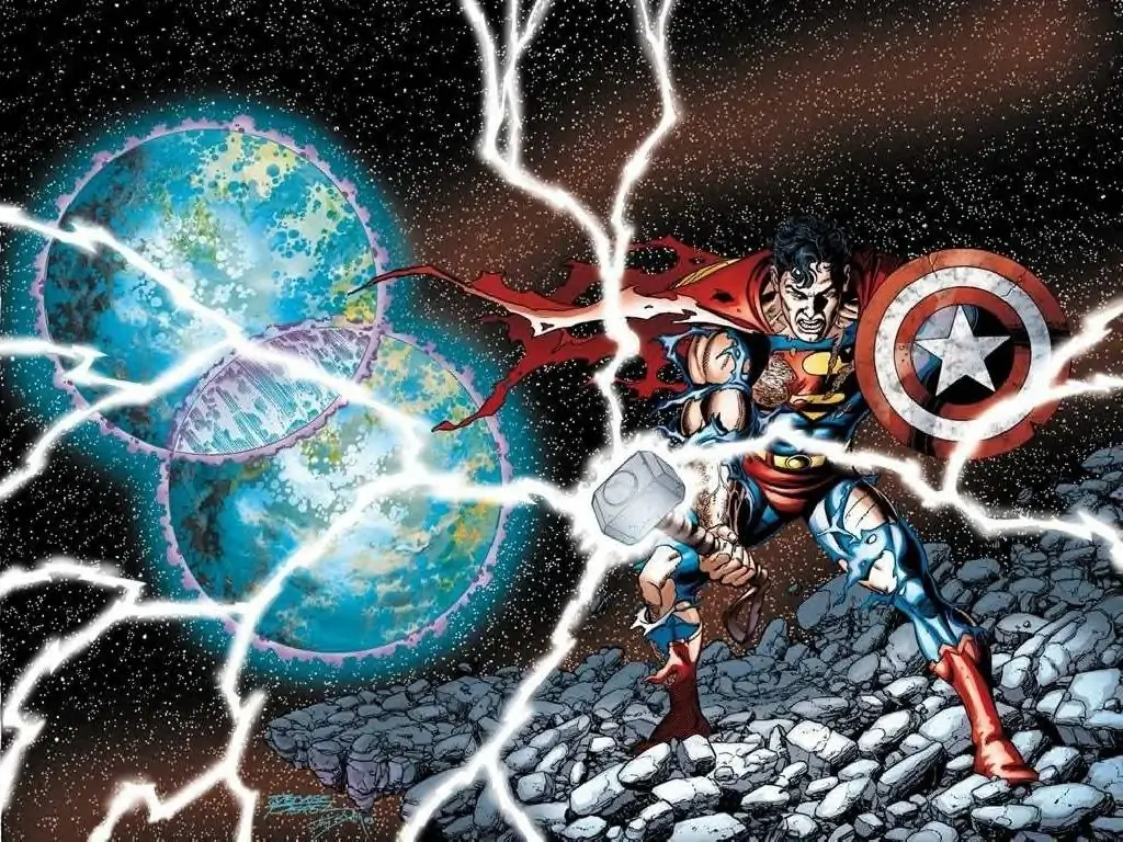 Superman wielding Thor's hammer - Mjolnir and Captain America's shield while two Earths merge behind him art by George Pérez