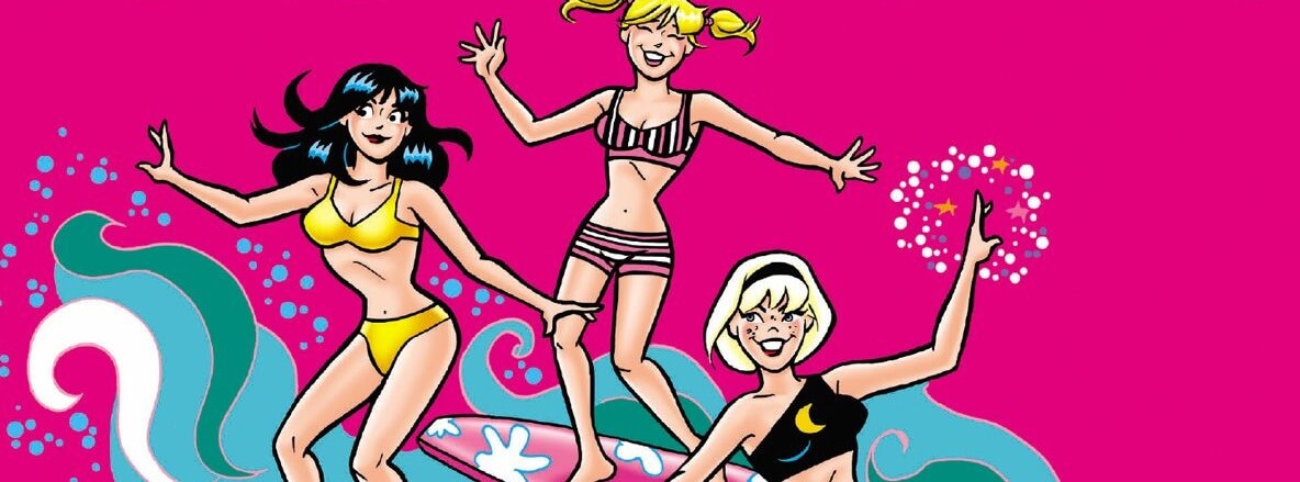 Veronica Lodge, a white thin brunette teenager, and her friend Betty cooper, a white thin blonde teenager, are floating aloft in aqua, white and green wavelike curls thanks to the influence of their white, white haired teenage friend sabrina spellman. Veronica wears a yellow bikini with her hair loose, Betty wears a purple bikini with her hair in pigtails, and Sabrina wears a black bikini with her white hair bobbed. Sabrina's board is purple with yellow stars on it, veronica's sports a green and yellow design, and betty has a pink and aqua design. Against a magenta backdrop, the girls gleefully float