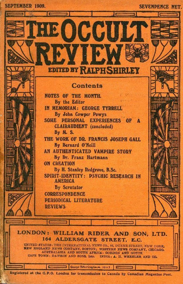 Cover of the September 1909 edition of the Occult Review; with a list of contents and no cover illustration.