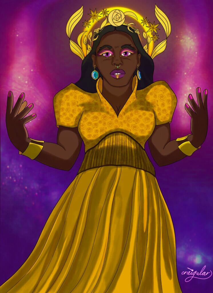 A dark-skinned person in a long gold dress and golden leaf tiara