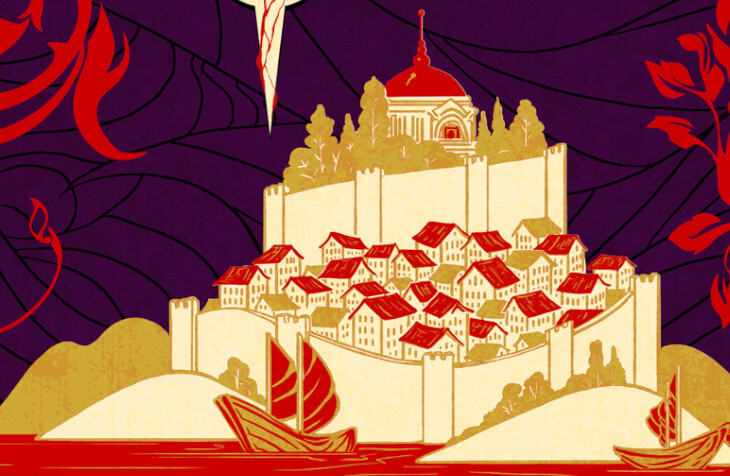 Crop of the cover of The Bruising of Qilwa, featuring a lush purple background and a gold, cream, and red illustration of a walled and tiered city on the water, sailboats heading toward said city. At the top of the city is a domed building, larger than the houses below.
