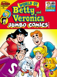 Veronica Lodge, a brunette thin white teenager, her friend Archie Andrews, a white thin redheaded teenager, Jughead jones, a brunet white thin teenager, and Betty cooper, a white thin blond teenager, all lean close and mug for the camera. Veronica is wearing a red off-the-shoulder dress, Jughead's wearing a purple sweater with a white S on it and a fool's cap; Archie wears a blue teeshirt; and Betty wears a purple shirt over a white tanktop. With them are fluffy white sheepdog Hot Dog and golden lab Vegas. Everyone's grinning and cheesing for the camera against a yellow and white backdrop