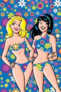 Betty and Veronica, two white thin teenagers, one with long blonde hair the other with long dark hair, wear bikinis made of colorful flower-power style prints. Behind them the pattern of green, purple, yellow, blue and red repeats