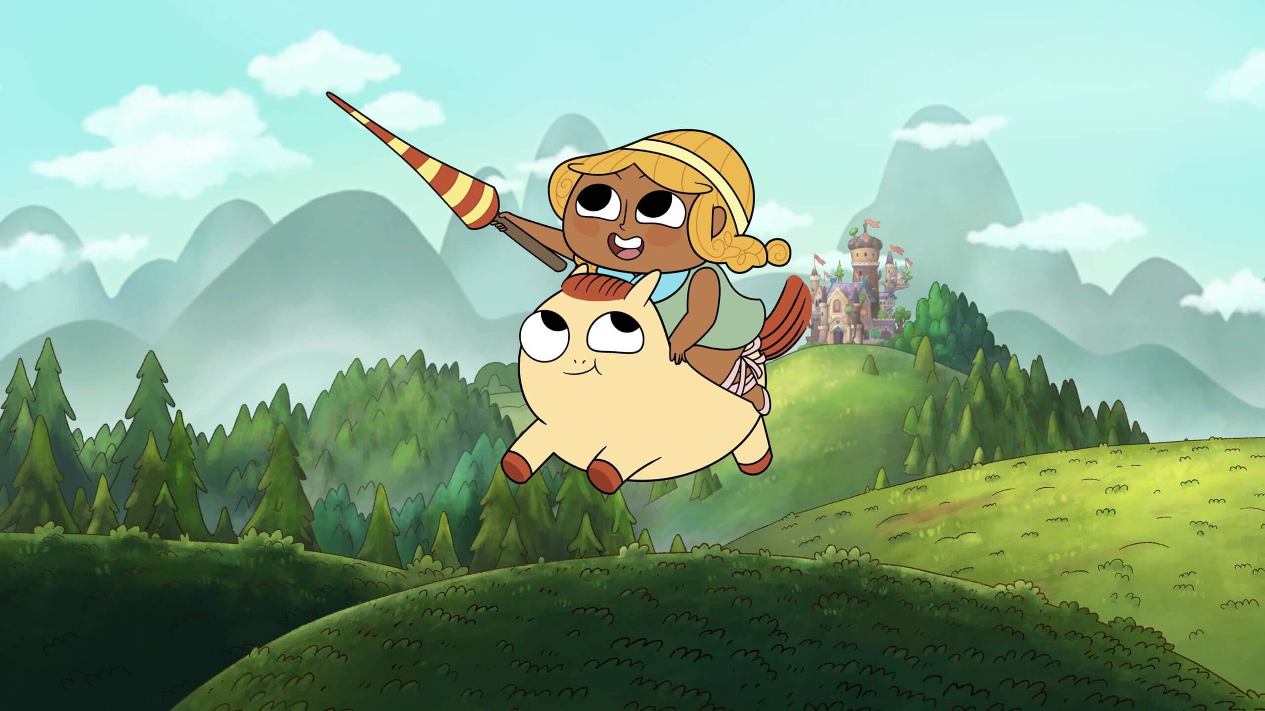 A still from Pinecone and Pony shows pincecone riding pony in front of a green landscape and beautiful castle