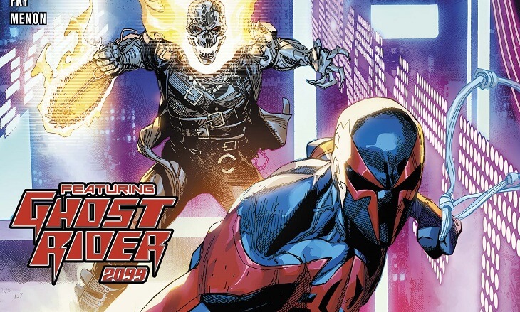 Cover of Spider-Man 2099: Exodus Alpha #1. Ghost Rider sands behind Spider-Man 2099, crouched with web in his hand
