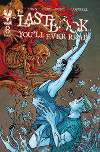 A man holds on to a woman who is being lured or grabbed at by leering skeletons