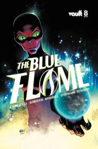 A giant alien with large green eyes holds an earth in the palm of their hands