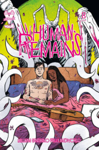 A couple are naked in bed, snuggling sadly together under pink sheets. A guitar rests around their legs and tentacles and a gaping maw with sharp teeth surround them