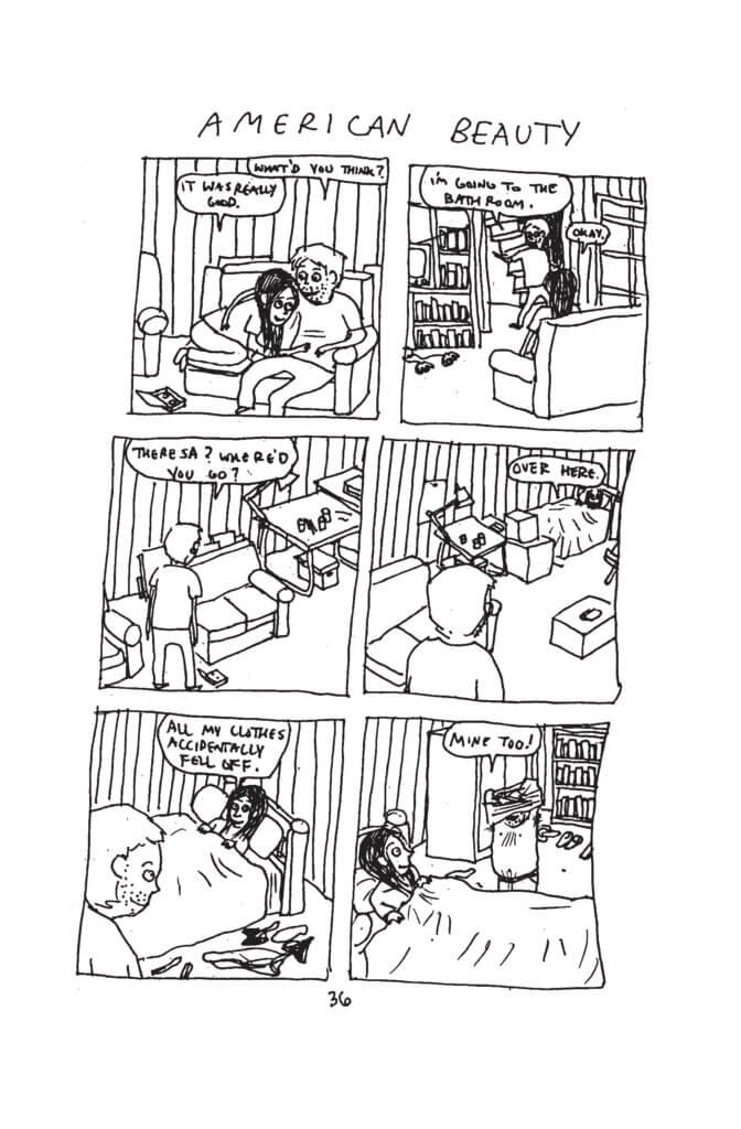 A couple cuddling on the couch as a movie ends. One person says they are going to the bathroom but 'accidentally' ends up in bed naked. The other person happily joins them