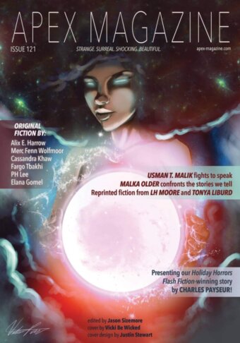 Cover of Apex Magazine issue 121. Illustration shows a woman with a glowing orb.