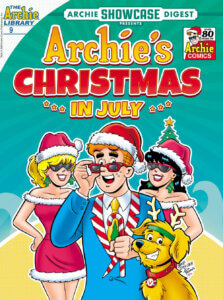 Archie andrews, a white redheaded teenager, wears a blue suit jacket with red and white striped collar and a yellow tie. He wears red-rimmed sunglasses, which he tilts down slightly, and a red santa claus hat. Behind him are Betty Cooper and Veronica Lodge, a white blonde and white brunette teenager, respectively, wearing red sheath dresses with white ermine trim, santa hats and red-rimmed sunglasses. Beside Archie is Vegas, his golden lab, who wears reindeer antlers strapped to his head with a green headband. They all mug for the camera in front of a yellow and blue backdrop
