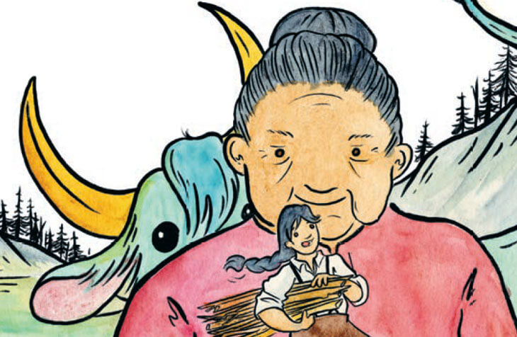 A large asian auntie in a bun with a red shirt with a smaller asian american girl in trousers and a white button up shirt carrying logs with the eyes and horns of a blue buffalo peeking behind them