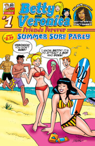 brunette thin white teenager veronica lodge lounges on the beach in a yellow, orange and black-striped bikini. Behind her is thin white blonde teenager betty cooper, wearing a red bikini with her head tied back. She holds a cone of white (vanilla?) ice cream in her hand. To her right is a shirtless white teenager archie andrews, a redhead holding two surfboards, one of them Veronica's, which bear her initials and is red, white and blue, the other fuscia. Betty says, "Veronica, You don't surf." Veronica says "I know, betty! It's to attract a boy who does." Sure enough, two more boys are running up the beach to meet with her. They are all posing on a golden, sandy beach, before a golden sky and white clouds, with a blue sea behind them.