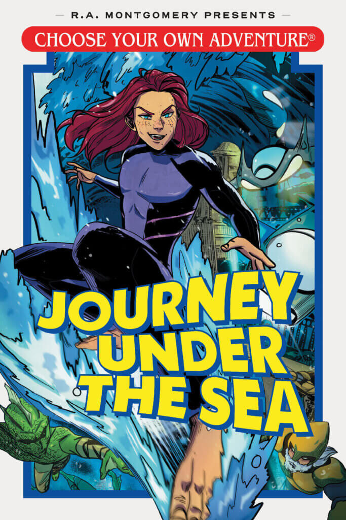 A drawing of a young person with long dark red hair and a purple and black wetsuit surfs through a wave above an underwater city