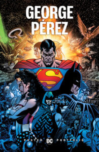 Superman in front of Supergirl and Superboy, Batman in front of Nightwing and Robin, Wonder Woman in front of Donna Tory and Wonder Girl. All in front of an explosion and surrounded by the antagonists of Infinite Crisis