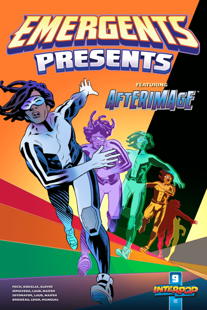 A young brown-skinned person with goggles, white and black costume, short dreadlocks is running forward followed by variations of their image in different colours