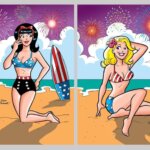 Veronica lodge, a brunette white thin teenager, wears her hair in a classic bouffant topped with a red bow, her black hair touching her shoulders. She wears a bikini that is blue with white stars abndn a black bottom with a red and white striped waist. She knees on a beach with a surfboard stuck in the sand behind her that's painted with an American flag design. It is nighttime, the sky is purple with clouds and a burst of fireworks before a cerulian ocean and a tan beach. she glances coyly to the right toward blonde white thin teenager betty cooper, who sits on a similar beach background with fireworks going off over their heads. Betty's blonde hair is down and she has a pink flower in her hair, and she wears a red and white striped bikini top with a blue and white polka dot bottom. Red, white and orange bursts of fireworks pop up in the sky behind them both