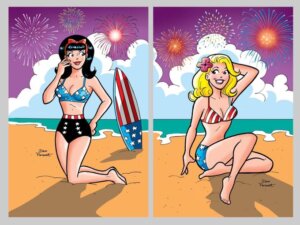 Veronica lodge, a brunette white thin teenager, wears her hair in a classic bouffant topped with a red bow, her black hair touching her shoulders. She wears a bikini that is blue with white stars abndn a black bottom with a red and white striped waist. She knees on a beach with a surfboard stuck in the sand behind her that's painted with an American flag design. It is nighttime, the sky is purple with clouds and a burst of fireworks before a cerulian ocean and a tan beach. she glances coyly to the right toward blonde white thin teenager betty cooper, who sits on a similar beach background with fireworks going off over their heads. Betty's blonde hair is down and she has a pink flower in her hair, and she wears a red and white striped bikini top with a blue and white polka dot bottom. Red, white and orange bursts of fireworks pop up in the sky behind them both 