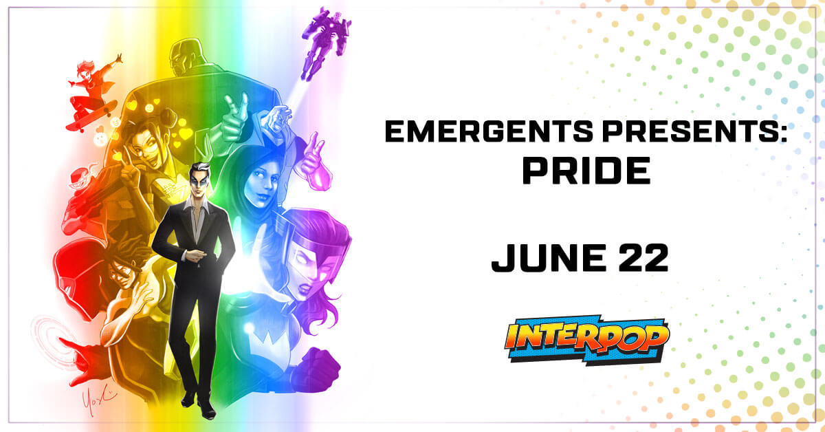 An array of comic characters in a rainbow overlay beside the words "Emergents Presents: Pride"