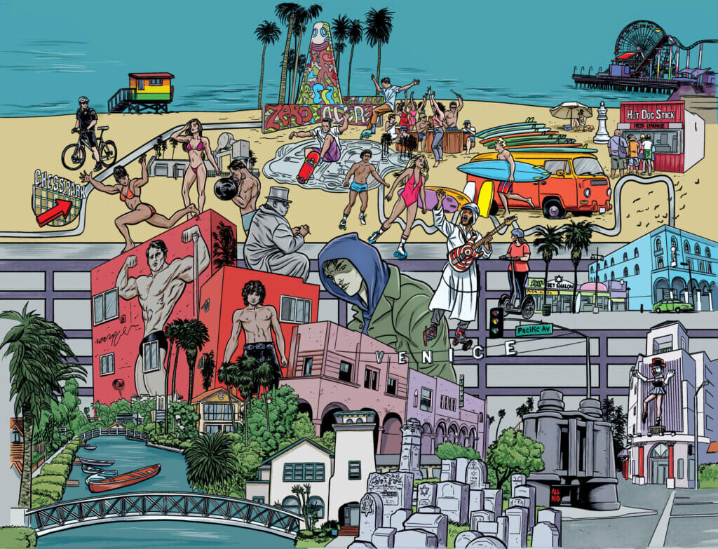 A map of Venice Beach featuring buildings with large murals, bodybuilders, sunbathers on the beach, and more