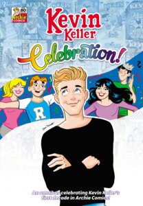 Kevin Keller, a white teenager with blond short hair and blue eyes, fondly smiles as he looks over his shoulder at his friends, who run toward him. Blonde betty cooper, redheaded archie andrews, brunette veronica lodge, and brunet jughead jones are all running toward him, betty in a grey skirt and pink top, archie in a blue and white sleeved baseball teeshirt, veronica in a purple scoop neck top and jughead in a green teeshirt. Kevin wears a black turtleneck and has his arms crossed over his chest. He stands before a white and blue swirled background