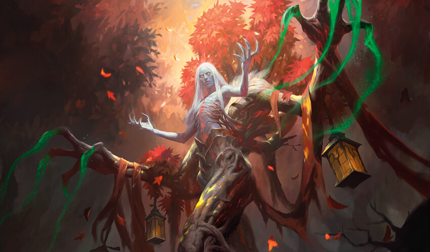 Fantasy illustration showing a white-skinned dryad emerging from a gnarled tree, with whisps of green smoke emerging.