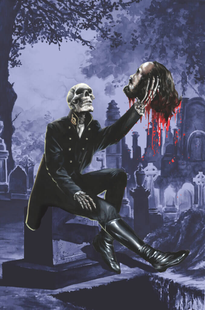 A skeleton in a suit in a graveyard holds up the severed head of a person that resembles William Shakespeare