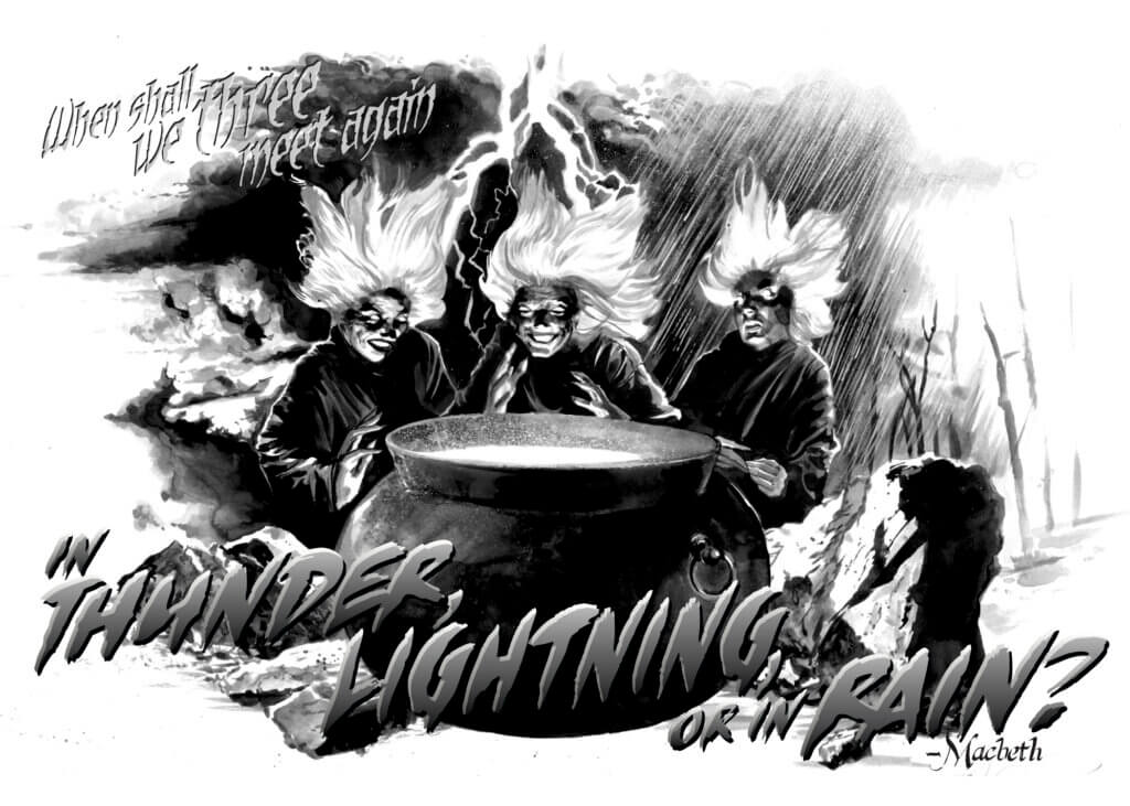 Witches cackle around a cauldron