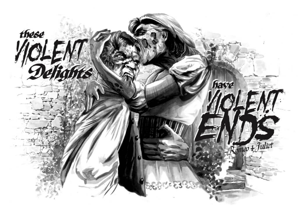 Zombies kissing surrounded by quotes from Romeo and Juliet