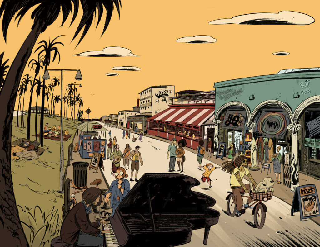 a drawing of a beach boardwalk featuring shops and cafes