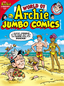 Redheaded archie andrews is a white teenager wearing yellow swim trunks decorated with red swirls. Beside him is Eliza Han, a biracial teenager with brown skin and purple hair tucked up under a purple hat. she wears a gold bikini with white bangle bracelets on her left wrist. They stand on a beach on a fair sunny day with pounding ocean waves and tanned sand. In the background, two people play volleyball, a striped beach ball idles, and shells are everywhere. In the foreground, white, brunet teenager jughead jones is buried up to his neck in sand, a grey fool's cap with red and white badges on it. In his left hand is a hamburger he's taken a big bite out of and is currently chewing, in his left a piece of pizza with pepperoni and green peppers on it. Archie says "I buried jughead in the sand but left his hands free for snacks!" 