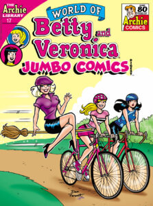 Sabrina Spellman, a white thin teenager with short white hair, hovers along on a broom. She wears a purple short-sleeved shirt and a black skirt and high heels, as well as a purple bike helmet. She rides down a long dirt road, and two teenagers - blonde better and brunette veronica - ride bikes beside her at a similar pace. Betty's wearing a pink striped teeshirt and betty's wearing a blue shirt. She's wearing black biker shorts and betty's wearing pink shorts. Betty has a pink bike, veronica has a red one. They're wearing pink and blue bike helmets, respectively. Behind them the sky is pale yellow with while clouds
