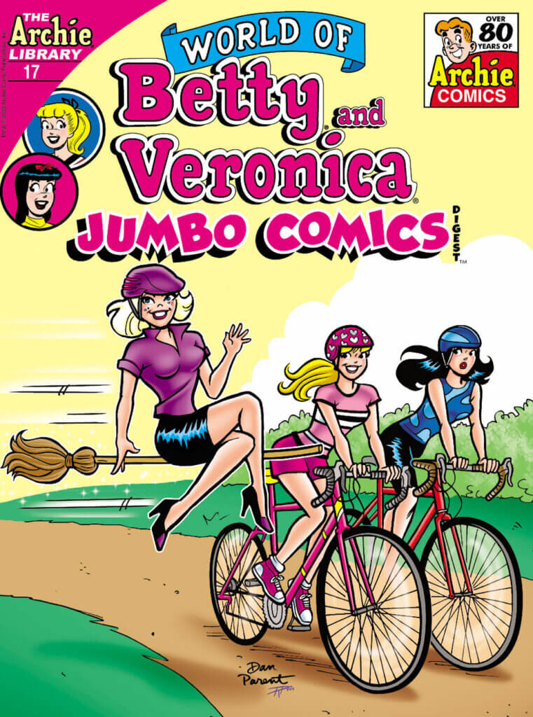 Sabrina Spellman, a white thin teenager with short white hair, hovers along on a broom. She wears a purple short-sleeved shirt and a black skirt and high heels, as well as a purple bike helmet. She rides down a long dirt road, and two teenagers - blonde better and brunette veronica - ride bikes beside her at a similar pace. Betty's wearing a pink striped teeshirt and betty's wearing a blue shirt. She's wearing black biker shorts and betty's wearing pink shorts. Betty has a pink bike, veronica has a red one. They're wearing pink and blue bike helmets, respectively. Behind them the sky is pale yellow with while clouds
