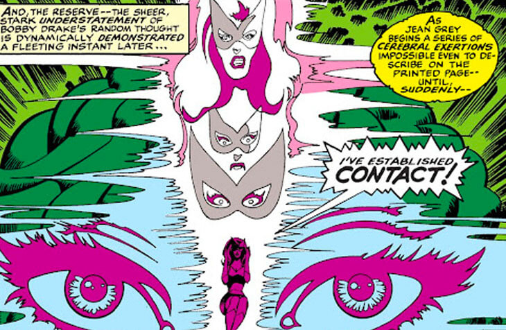 Jean Grey's Pink psychic energy as she extends her mind, drawn as increasing close-ups of her mask and eyes