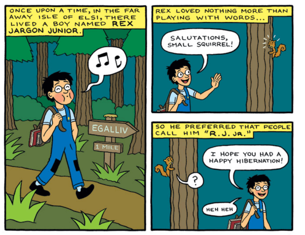 opening panels of Isle of Elsi introducing the protagonist R. J. Jr