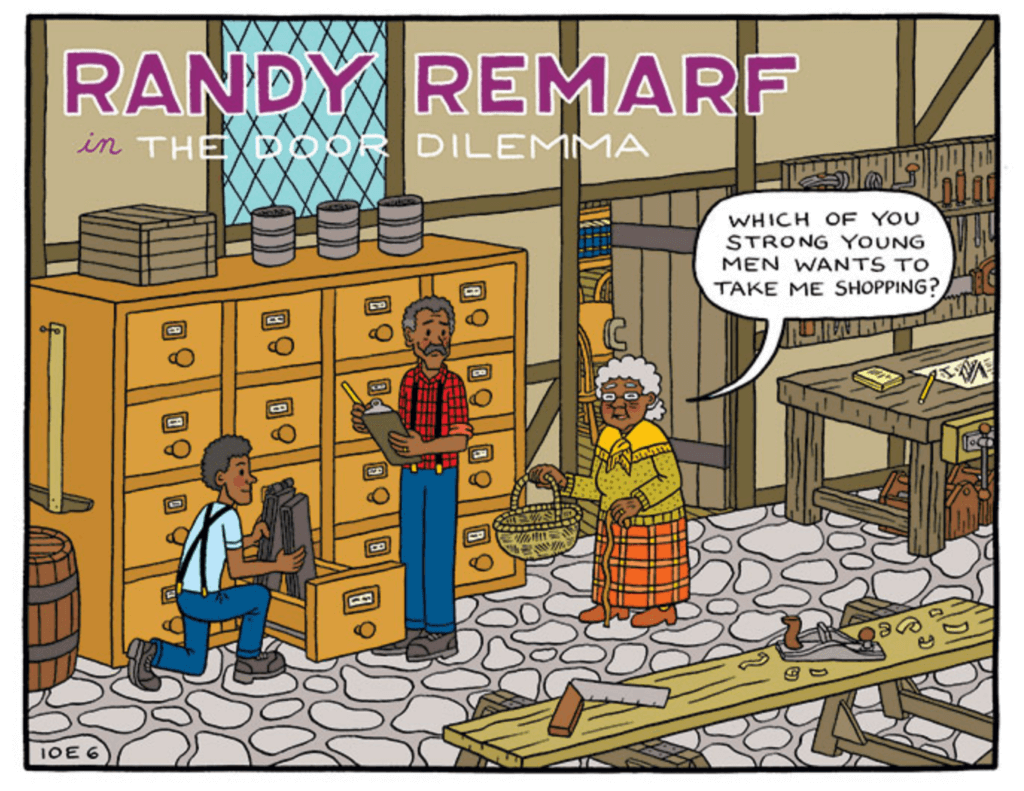 opening panel of Randy Remarf and the Door Dilemma, introducing Randy Remarf.