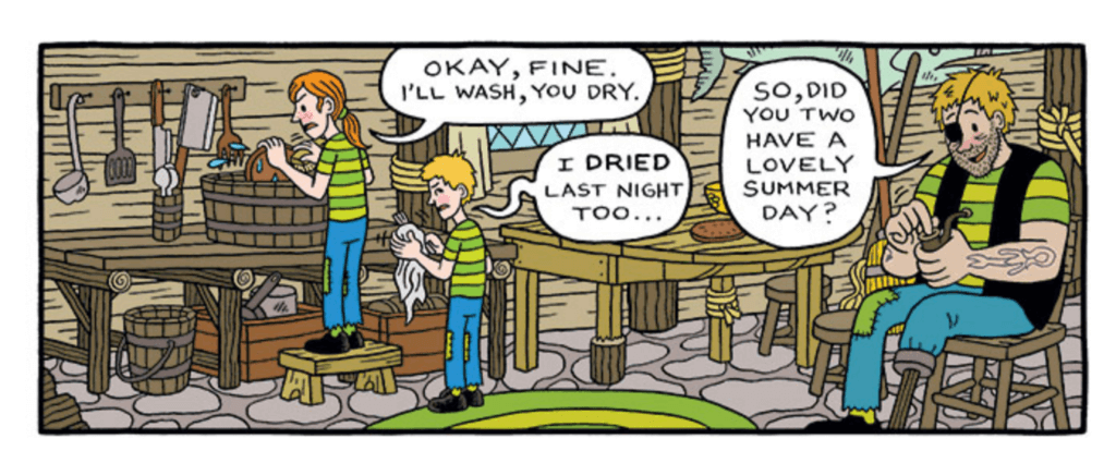 panel from isle of elsi of sally and brother bickering over dishes