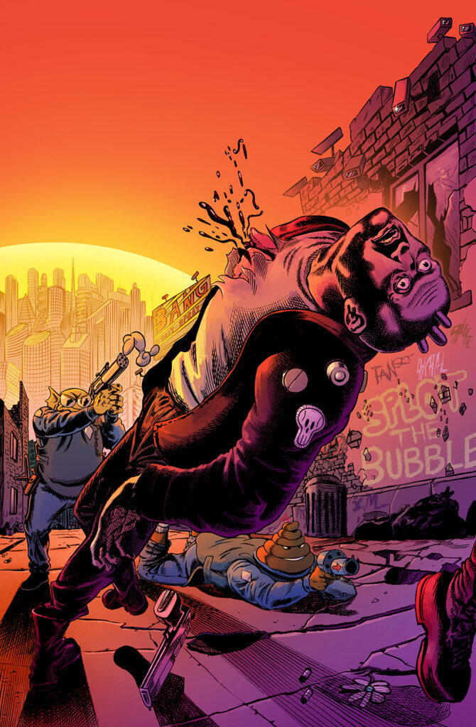 In a futuristic cityscape at sunset, a pig-like alien figure with a gun shoots a man in his chest, as his body flies through the air