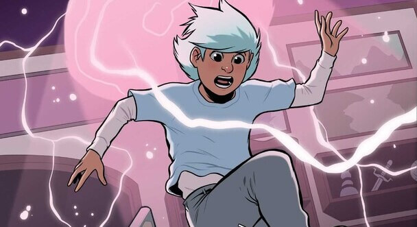 A 12yo girl with pale blue hair leaps out of a doorway the flashes with pink lightning